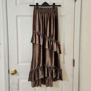 Gold Brown Beige Shiny Carpet Velvet Long asymmetrical High Low Skirt XXS